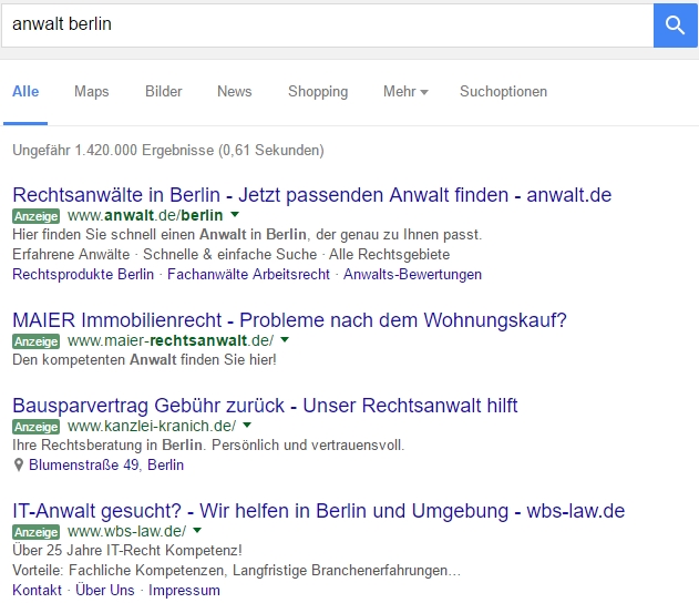 Screenshot: Suchergebnisseite für "anwalt berlin"