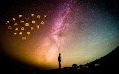 Symbolbild: Foto eines Mannen vor Nachthimmel mit eingezeichneten Symbolen