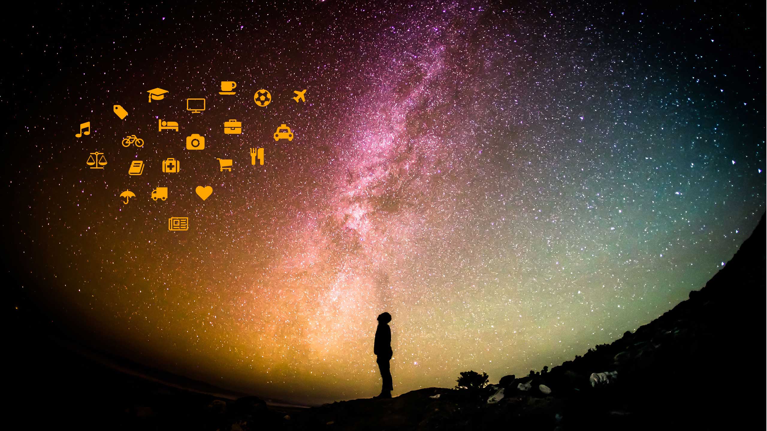 Symbolbild: Foto eines Mannen vor Nachthimmel mit eingezeichneten Symbolen
